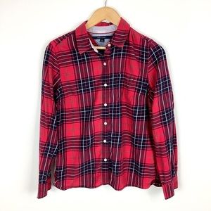 Tommy Hilfiger Womens Button Down Up Oxford Shirt Tartan Plaid Logo Pocket Large
